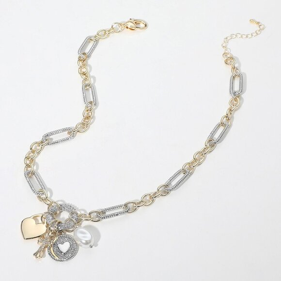 14K Gold Plated CZ Stone Paved Circle Ball Heart Charm Pendant Industrial Chain - Picture 3 of 6